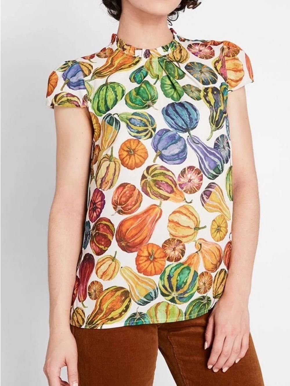 ModCloth XS Harvest Gourd Print Mock Neck Ruffled Neck Pumpkin Blouse Top